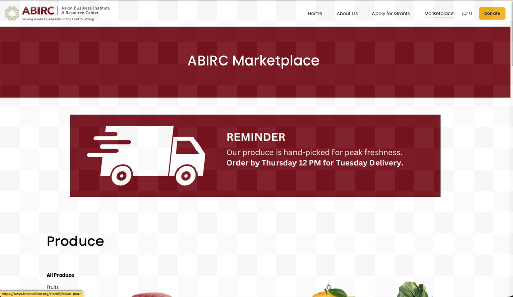 Screen recording walkthrough of the live ABIRC Marketplace, showing the homepage, delivery reminder, and produce catalog.